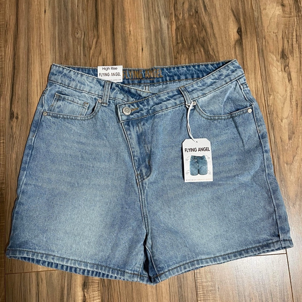 High-Rise Crossover Waist Denim Shorts